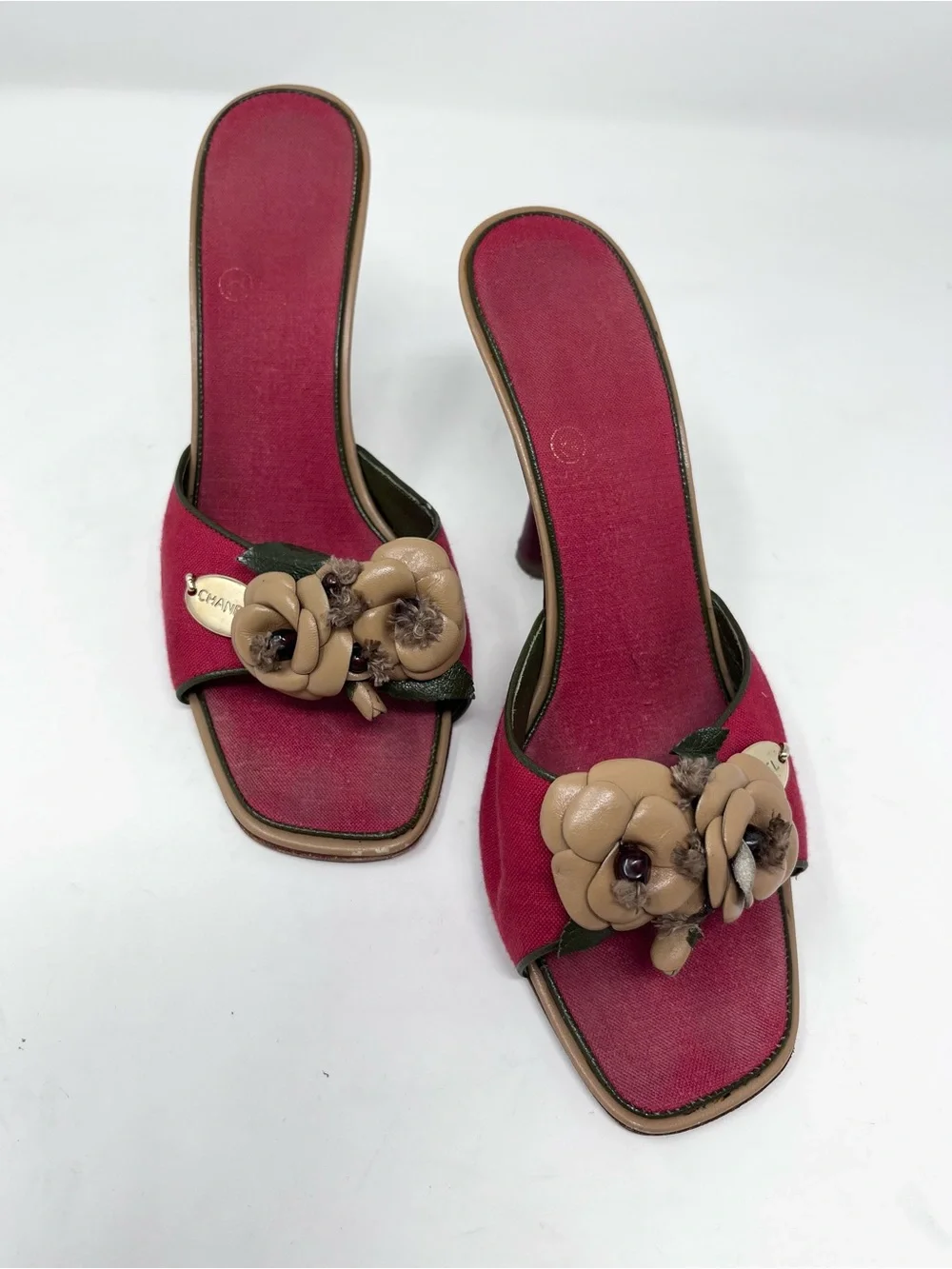 Vintage Chanel Camellia Mule Heel Sandal Red Canvas Chanel Logo Y2K size 36.5